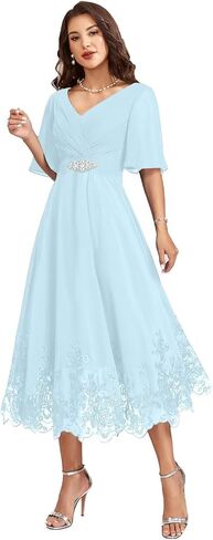 Women Tea Length Chiffon Mother of The Bride Dresses for Wedding V Neck Grandmother Groom Dress with 1/2 Sleeves in Saudi Arabia