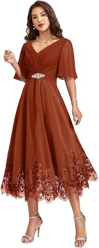 Women Tea Length Chiffon Mother of The Bride Dresses for Wedding V Neck Grandmother Groom Dress with 1/2 Sleeves in Saudi Arabia