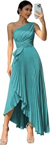 SNOWROSE فساتين وصيفة العروس بكتف واحد للنساء من الساتان طويل مطوي على شكل حرف A فستان سهرة رسمي مع فتحة in Kuwait