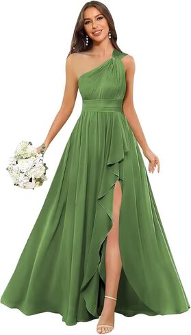 Chiffon One Shoulder Bridesmaid Dress with Slit Sleeveless Long A Line Formal Dress for Women in Saudi Arabia