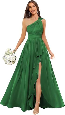 Chiffon One Shoulder Bridesmaid Dress with Slit Sleeveless Long A Line Formal Dress for Women in Saudi Arabia