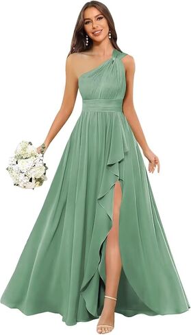 Chiffon One Shoulder Bridesmaid Dress with Slit Sleeveless Long A Line Formal Dress for Women in Saudi Arabia