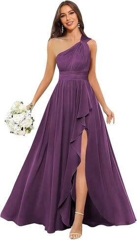 Chiffon One Shoulder Bridesmaid Dress with Slit Sleeveless Long A Line Formal Dress for Women in Saudi Arabia