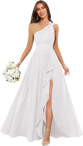 Chiffon One Shoulder Bridesmaid Dress with Slit Sleeveless Long A Line Formal Dress for Women in Saudi Arabia