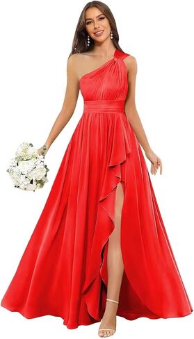 Chiffon One Shoulder Bridesmaid Dress with Slit Sleeveless Long A Line Formal Dress for Women in Saudi Arabia