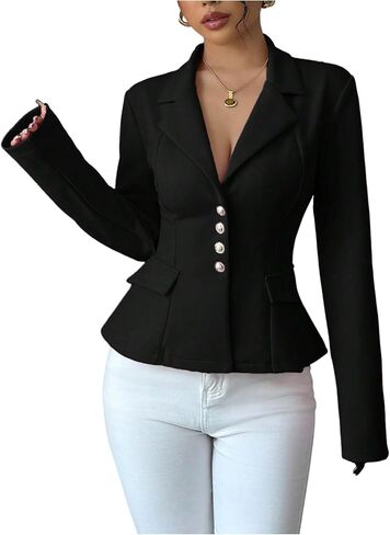 Floerns Women's Elegant Long Sleeve Blazer Jacket Button Down Flared Work Business Casual Outfit in Kuwait