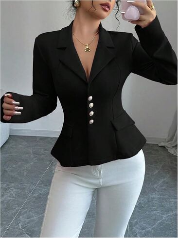 Floerns Women's Elegant Long Sleeve Blazer Jacket Button Down Flared Work Business Casual Outfit in Kuwait