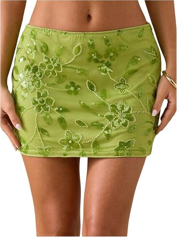 تنانير Floerns النسائية القصيرة ذات الترتر الزهري منخفضة الارتفاع والمطرزة بالخرز اللامع على الشاطئ in Kuwait