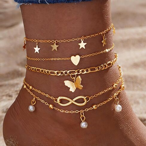 5PCS Star Butterfly Heart Pearl Anklet Set, Gold Tone Layered Charm Ankle Bracelets for Women, Fashion Jewelry Accessories, Suitable for Everyday Wear(Gold) in Saudi Arabia