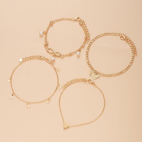 5PCS Star Butterfly Heart Pearl Anklet Set, Gold Tone Layered Charm Ankle Bracelets for Women, Fashion Jewelry Accessories, Suitable for Everyday Wear(Gold) in Saudi Arabia