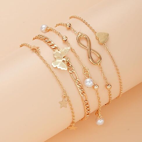5PCS Star Butterfly Heart Pearl Anklet Set, Gold Tone Layered Charm Ankle Bracelets for Women, Fashion Jewelry Accessories, Suitable for Everyday Wear(Gold) in Saudi Arabia