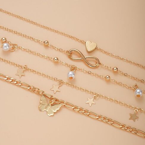 5PCS Star Butterfly Heart Pearl Anklet Set, Gold Tone Layered Charm Ankle Bracelets for Women, Fashion Jewelry Accessories, Suitable for Everyday Wear(Gold) in Saudi Arabia