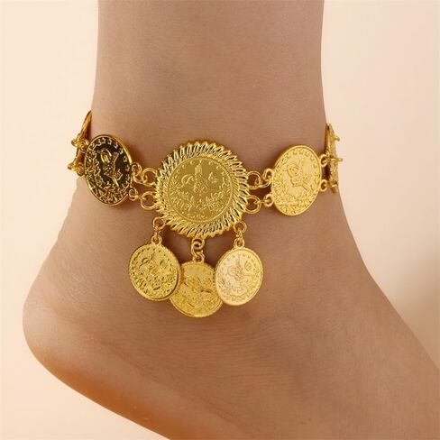 Vintage Engraved Coin Tassel Anklet Bracelet for Women Bohemian Tribal Ethnic Disc Coins Barefoot Sandals Adjustable Foot Chain Gypsy Fashion Summer Beach Belly Dance Charm Jewelry Wedding Accessories in Saudi Arabia