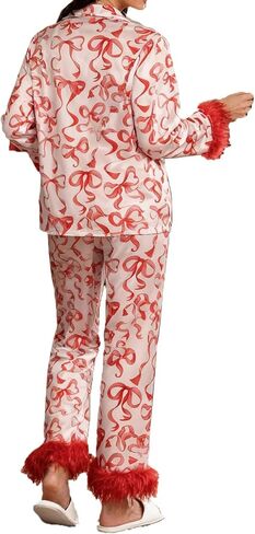 Women Feather Trim Silk Satin Pajama Set Christmas Button Down Shirts and Pants Outfit Sleepwear Loungewear in Kuwait