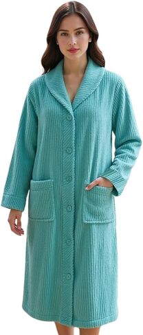 Loungees Women’s Plush Fleece Robe, Mid-Length Button Front Bathrobe with Shawl Collar – Soft Coral Fleece Robe in Kuwait