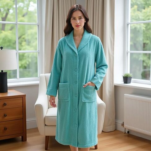 Loungees Women’s Plush Fleece Robe, Mid-Length Button Front Bathrobe with Shawl Collar – Soft Coral Fleece Robe in Kuwait