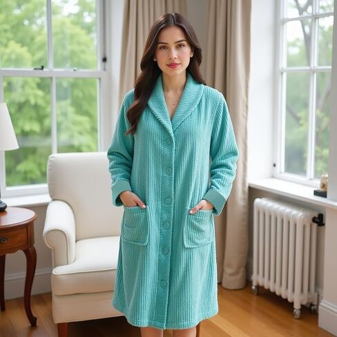Loungees Women’s Plush Fleece Robe, Mid-Length Button Front Bathrobe with Shawl Collar – Soft Coral Fleece Robe in Kuwait