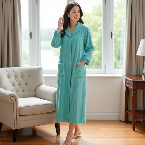 Loungees Women’s Plush Fleece Robe, Mid-Length Button Front Bathrobe with Shawl Collar – Soft Coral Fleece Robe in Kuwait