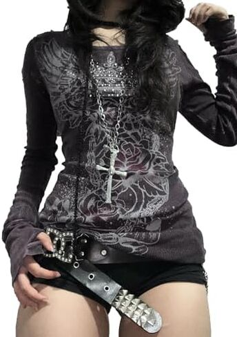 Women Vintage Y2K Graphic Sweatshirt Grunge Punk Gothic Slim Fit Long Sleeve Crop Top Sexy Autumn Streetwear in Saudi Arabia