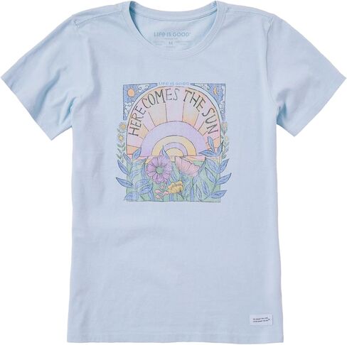 Life is Good. Women's Here Comes The Sun Hippie Short Sleeve Crusher Tee, Glacier Blue in Saudi Arabia