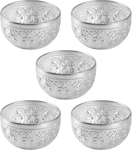 Cabilock 5pcs Thai Small Carved Tin Bowl, 3.15 Inch Water Offering Bowl, Decorative Essential Oil Container for Thai Soup Spa Massage Home Decor, Silver in Saudi Arabia