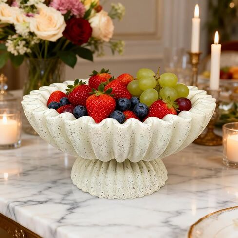 Decorative Fluted Pedestal Bowl, Beige Speckled Resin Stone Centerpiece Tray for Coffee Table, Home Decor - Unique Bowls for Fruit, Key, Purse in Saudi Arabia