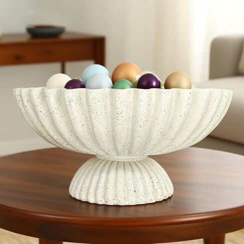 Decorative Fluted Pedestal Bowl, Beige Speckled Resin Stone Centerpiece Tray for Coffee Table, Home Decor - Unique Bowls for Fruit, Key, Purse in Saudi Arabia
