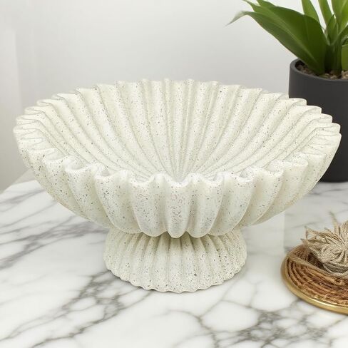Decorative Fluted Pedestal Bowl, Beige Speckled Resin Stone Centerpiece Tray for Coffee Table, Home Decor - Unique Bowls for Fruit, Key, Purse in Saudi Arabia