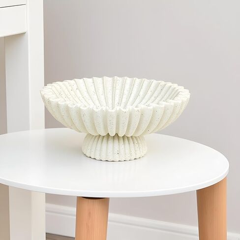 Decorative Fluted Pedestal Bowl, Beige Speckled Resin Stone Centerpiece Tray for Coffee Table, Home Decor - Unique Bowls for Fruit, Key, Purse in Saudi Arabia