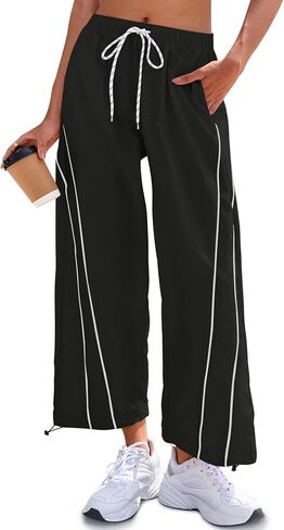 Fisoew Womens Baggy Wide Leg Pants Casual Elastic Waist Drawstring Hiking Workout Cropped Track Pants with Pockets in Saudi Arabia