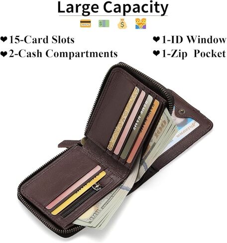 محفظة جلدية أصلية للرجال، جيب أمامي نحيف ثنائي الطي، RFID بسحاب حول حامل بطاقة الائتمان، هدية بسيطة (بني-1) in Saudi Arabia