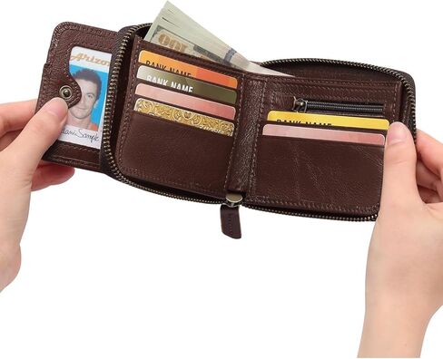 محفظة جلدية أصلية للرجال، جيب أمامي نحيف ثنائي الطي، RFID بسحاب حول حامل بطاقة الائتمان، هدية بسيطة (بني-1) in Saudi Arabia