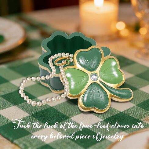 صندوق مجوهرات ZAWUU Lucky Clover - صندوق حلية من أربع أوراق البرسيم مطلي بالمينا مع حجر الراين، غطاء قابل للرفع، حلقة صغيرة وحامل قرط - هدية لها/القديس. يوم باتريك in Saudi Arabia