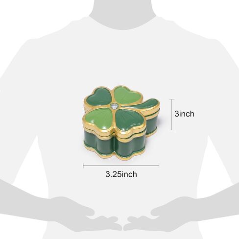 صندوق مجوهرات ZAWUU Lucky Clover - صندوق حلية من أربع أوراق البرسيم مطلي بالمينا مع حجر الراين، غطاء قابل للرفع، حلقة صغيرة وحامل قرط - هدية لها/القديس. يوم باتريك in Saudi Arabia