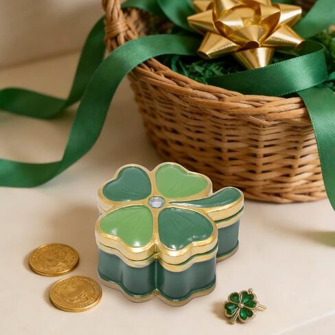 صندوق مجوهرات ZAWUU Lucky Clover - صندوق حلية من أربع أوراق البرسيم مطلي بالمينا مع حجر الراين، غطاء قابل للرفع، حلقة صغيرة وحامل قرط - هدية لها/القديس. يوم باتريك in Saudi Arabia