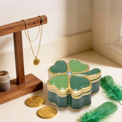 صندوق مجوهرات ZAWUU Lucky Clover - صندوق حلية من أربع أوراق البرسيم مطلي بالمينا مع حجر الراين، غطاء قابل للرفع، حلقة صغيرة وحامل قرط - هدية لها/القديس. يوم باتريك in Saudi Arabia