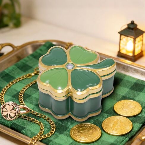 صندوق مجوهرات ZAWUU Lucky Clover - صندوق حلية من أربع أوراق البرسيم مطلي بالمينا مع حجر الراين، غطاء قابل للرفع، حلقة صغيرة وحامل قرط - هدية لها/القديس. يوم باتريك in Saudi Arabia