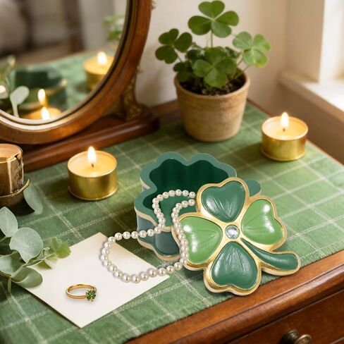 صندوق مجوهرات ZAWUU Lucky Clover - صندوق حلية من أربع أوراق البرسيم مطلي بالمينا مع حجر الراين، غطاء قابل للرفع، حلقة صغيرة وحامل قرط - هدية لها/القديس. يوم باتريك in Saudi Arabia