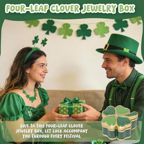 صندوق مجوهرات ZAWUU Lucky Clover - صندوق حلية من أربع أوراق البرسيم مطلي بالمينا مع حجر الراين، غطاء قابل للرفع، حلقة صغيرة وحامل قرط - هدية لها/القديس. يوم باتريك in Saudi Arabia