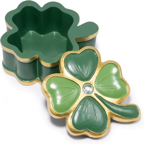 صندوق مجوهرات ZAWUU Lucky Clover - صندوق حلية من أربع أوراق البرسيم مطلي بالمينا مع حجر الراين، غطاء قابل للرفع، حلقة صغيرة وحامل قرط - هدية لها/القديس. يوم باتريك in Saudi Arabia