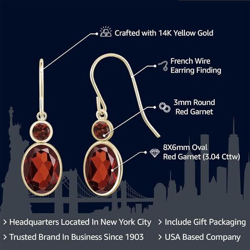 أقراط متدلية من الذهب الأصفر عيار 14 قيراط من Gem Stone King وخطاف من العقيق الأحمر على شكل سمكة فرنسية للنساء | 3.04 كتو | جوهرة الميلاد الأحجار الكريمة | بيضاوي 8 × 6 مم | جولة 3 مم | هدايا مجوهرات راقية لأمها وزوجتها in Kuwait