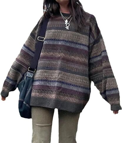 Winter 90s Grunge Aesthetic Streetwear Sweater Retro Y2k Vintage Gothic Loose Women Knit Pullover Striped Jumper in Saudi Arabia
