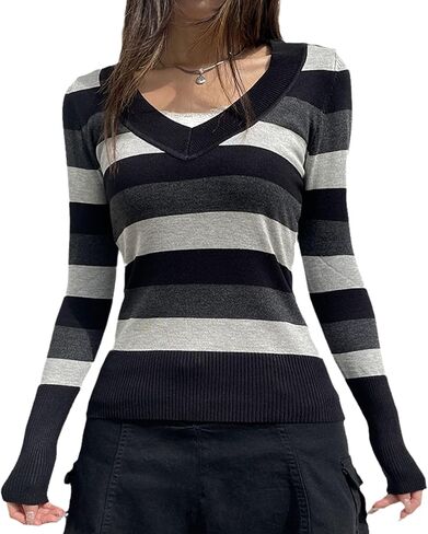 Winter 90s Grunge Aesthetic Streetwear Sweater Retro Y2k Vintage Gothic Loose Women Knit Pullover Striped Jumper in Saudi Arabia