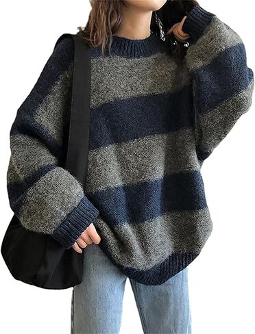 Winter 90s Grunge Aesthetic Streetwear Sweater Retro Y2k Vintage Gothic Loose Women Knit Pullover Striped Jumper in Saudi Arabia