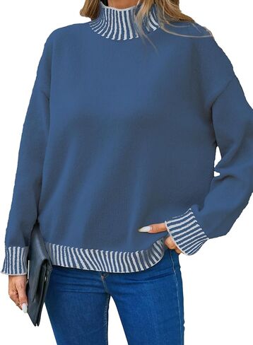 SunnyMelody Womens Oversized Turtle Neck Striped Sweater Fall 2025 Causual Ribbed Knit Long Sleeve Pullover Sweaters Tops in Kuwait