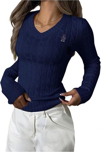 SHENHE Women's Bear Knit Sweater Long Sleeve V Neck Fitted Pullover Top Business Casual Work Fall Outfits in Saudi Arabia