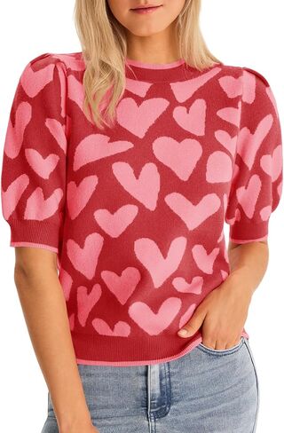 Saodimallsu Womens Puff Short Sleeve Heart Sweater Valentines Crew Neck Graphic Knit Pullover Crop Tops in Saudi Arabia