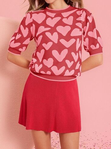 Saodimallsu Womens Puff Short Sleeve Heart Sweater Valentines Crew Neck Graphic Knit Pullover Crop Tops in Saudi Arabia