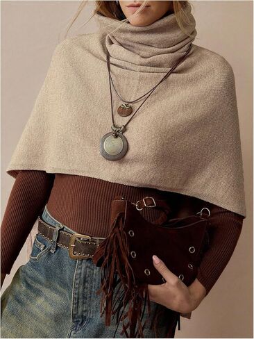 MakeMeChic Women's Ponchos Sweater High Neck Shawl Wrap Knit Pullover Tops in Kuwait
