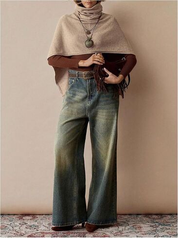 MakeMeChic Women's Ponchos Sweater High Neck Shawl Wrap Knit Pullover Tops in Kuwait